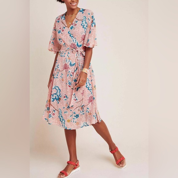 Anthropologie Maeve Adelaide pink floral Wrap Dress 23820 - Picture 6 of 12